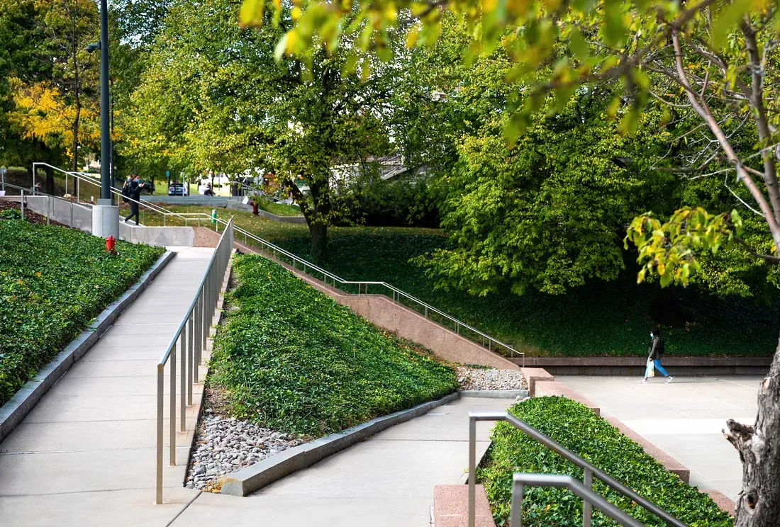 A wheelchair ramp on campus.